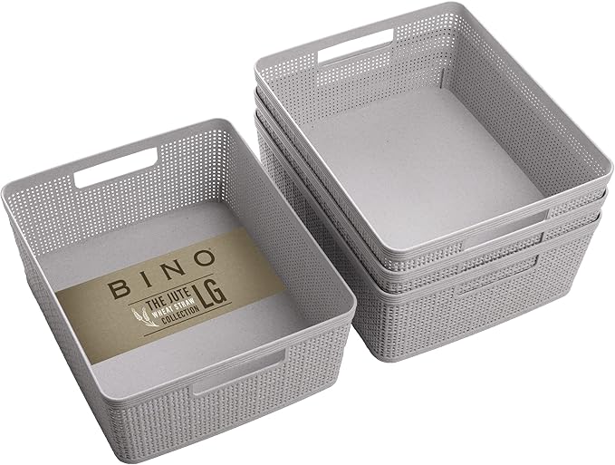 BINO | Woven Plastic Basket | Small (Natural Grey), 4-Pack | THE JUTE COLLECTION | Home Organization, Space - Saving Storage, Stylish Design | Jute Basket | Plastic Storage Basket