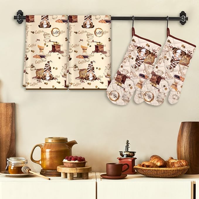 Vintage Coffee Kitchen Towels and Oven Mitts Set 4Pcs, Soft Absorbent Dish Cloth Heat Resistant Oven Gloves for Cooking Baking Kitchen Decoration, Gifts for Her