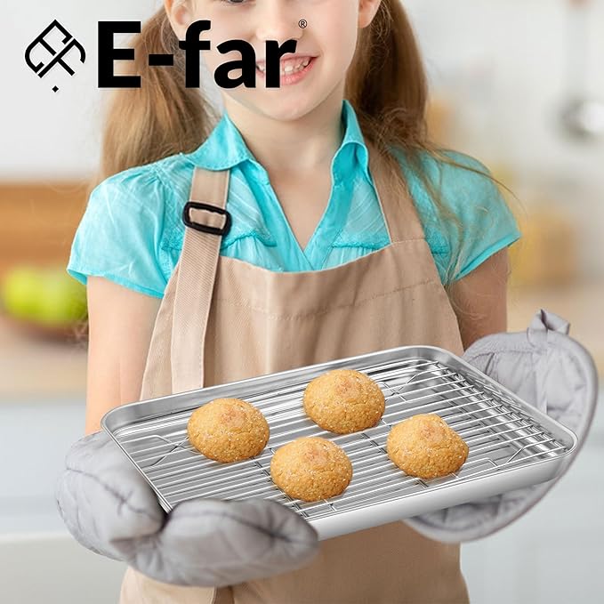 E-far Small Baking Sheet with Wire Rack (2 Pans + 2 Racks), Stainless Steel Cookie Sheets Trays & Cooling Rack for Toaster Oven, Non Toxic & Warp Resistant, Oven & Dishwasher Safe, 9.4 x 7.3 x 1 Inch