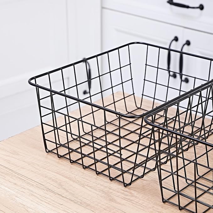 11" Upright Freezer Storage Baskets, Black Wire Storage Bins Small Bakset for Freezer, Pantry, Bathroom Organizing, Set of 4
