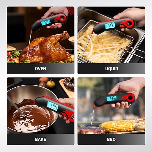 Professional Meat Thermometer, Instant Read in 0.5 Sec, NIST Certified Accuracy ±0.5°F, IP67 Waterproof, Ambidextrous Backlight & Auto-Rotating Display, for BBQ/Grill/Cooking, Black&Red