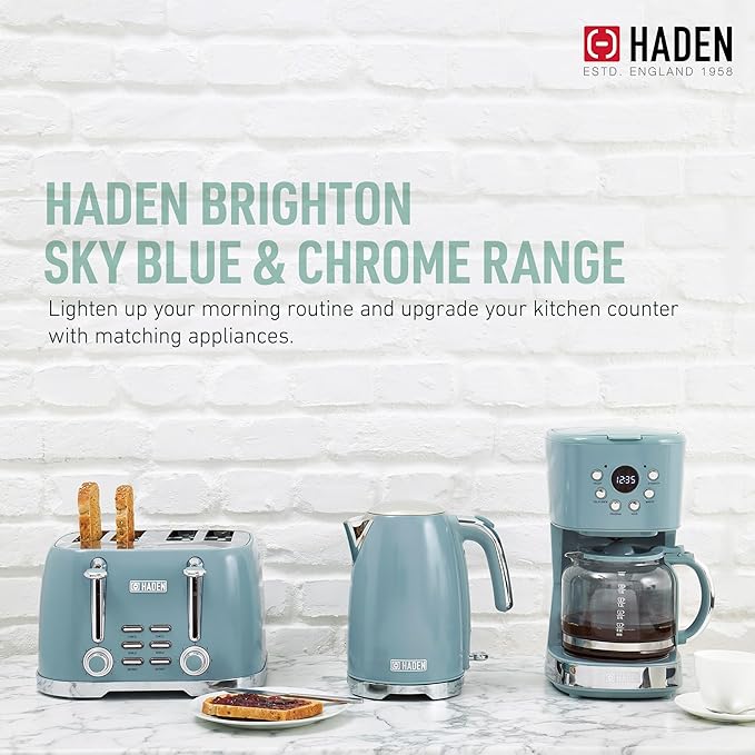 Haden Brighton Electric Kettle, Cordless 1.7 Liter Hot Water Boiler with Chrome Accents, Retro Style, and Auto Shut Off, Sky Blue