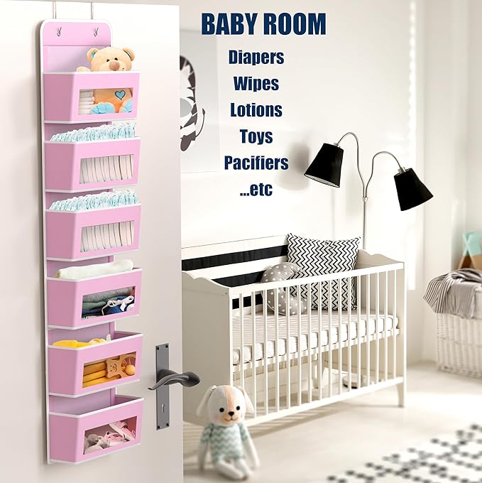 Simple Houseware 6 Clear Window Pocket Over Closet Door Storage Hanging Organizer for Bedroom, Bathroom, Pantry, Pink