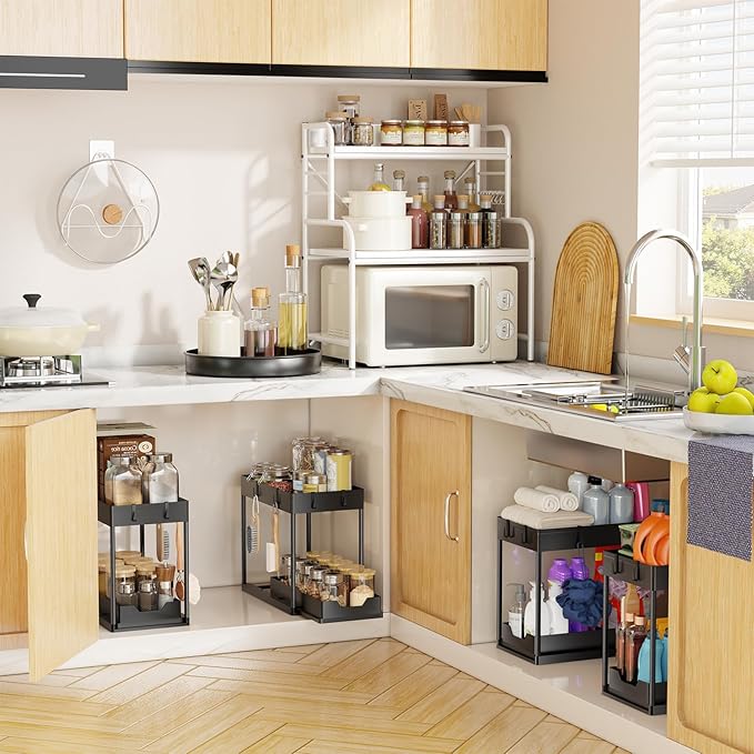 Simple Trending Under Sink Organizer 2 Pack, Sink Pull-Out Sliding Storage Cabinet, 2-Tier Under Shelf Organizer for Kitchen Bathroom, Black