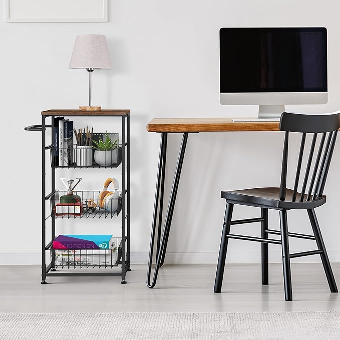 4 Tier Rolling Storage Cart, Kitchen Utility Storage Cart with Pull-Out Fruit Baskets, Mobile Pantry Cart with Wheels, Kitchen, Bathroom, Brown