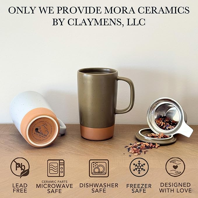 Mora Ceramics Large Tea Mug with Loose Leaf Infuser and Ceramic Lid, 18 oz, Portable, Microwave and Dishwasher Safe, Tall Coffee Cup - Rustic Matte Ceramic Glaze, Modern Herbal Tea Strainer, Olive