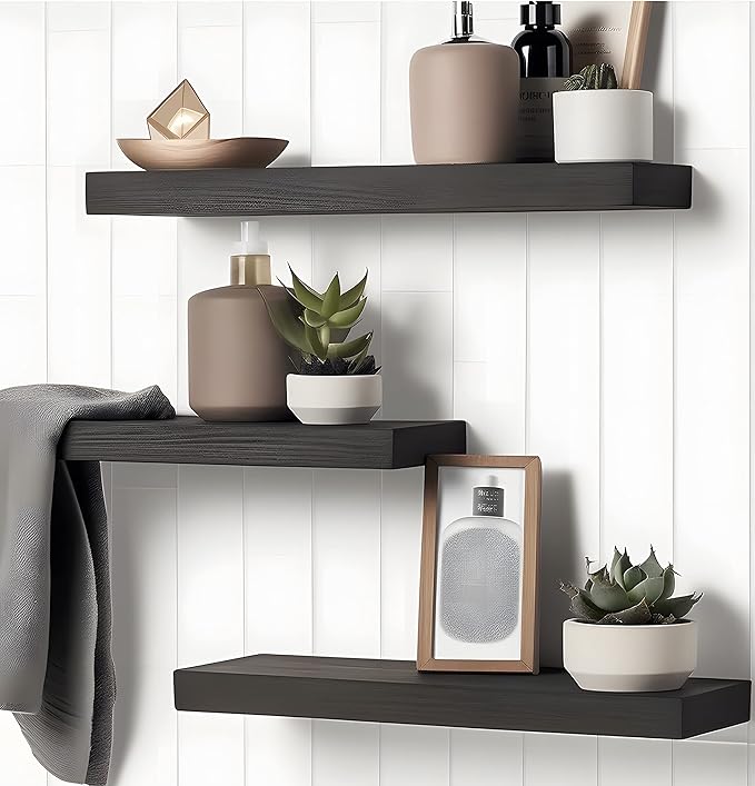 Wood Floating Shelves for Wall, Wooden Wall Shelves for Bedroom, Wall Mounted Shelves for Living Room, Set of 6 Black