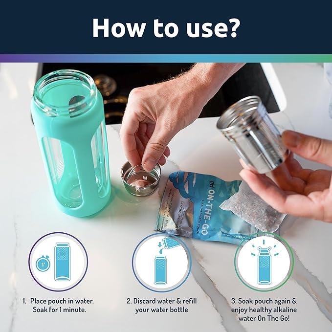 pH ON-The-GO Alkaline Water Filter Pouch- Portable Alkaline Water Filtration System for Your Bottle, Pitcher, Jug, Container - High pH Water - Long-Life 400 Litre/105 Gallon (3-Pack)