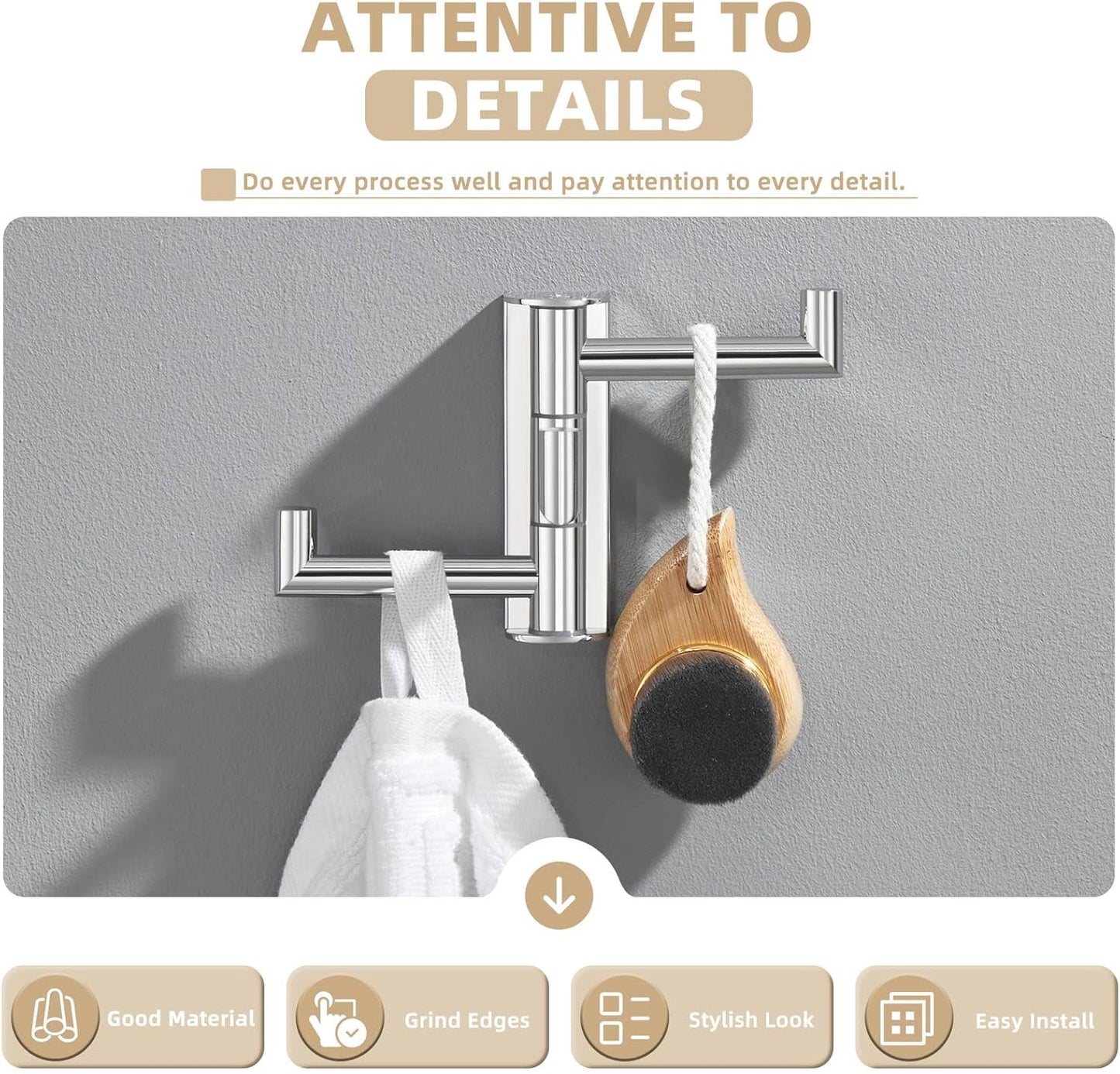 Suyar Bathroom Towel Hook Polished Chrome, SUS 304 Stainless Steel Swivel Robe Hook with 3 Arms, Towel Hanger Wall Mounted