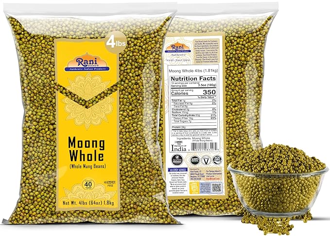 Rani Moong Whole (Ideal for cooking & sprouting, Whole Mung Beans with skin) Lentils Indian 64oz (4lbs) 1.81kg Bulk ~ All Natural | Gluten Friendly | Non-GMO | Kosher | Vegan | Indian Origin