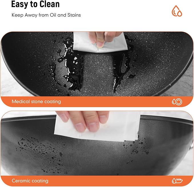 12.5” Woks & Stir-Fry Pans with Lid Steamer, Nonstick Ceramic Wok Pan with Lid, Deep Large Induction Hard Anodized Frying Wok, Carbon Steel Wok Set Flat Bottom, Large Saute Pan Set