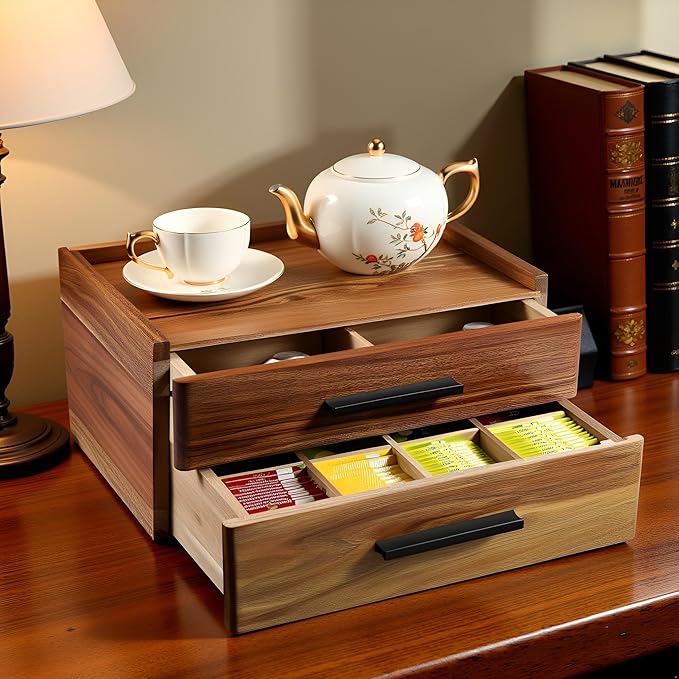 Double-Drawer Acacia Wood Tea Bag Organizer - Tea Box with Drawer, Tea Accessories for Tea Organizers and Storage Box, Tea Station Chest Caddy for Countertop Cabinet Office (16-Compartment, Gift Box)