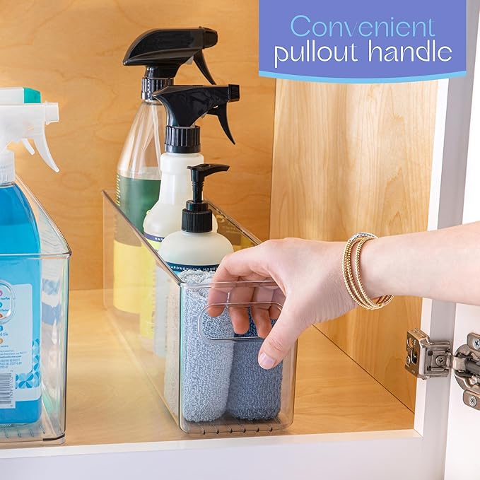 Plastic Food Storage 6 Pack Clear Container Bin with Handles for Organizing Kitchen, Pantry, Fridge, Freezer, Pantry,Bathroom. 16"x4"x5"