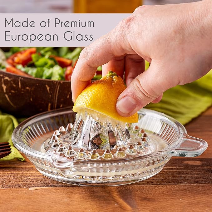 Crystalia Lemon Squeezer, Small Citrus Juicer, Extractor Manual Hand with Handle and Pour Spout, Lead-Free Heavyweight Crystal Clear Glass