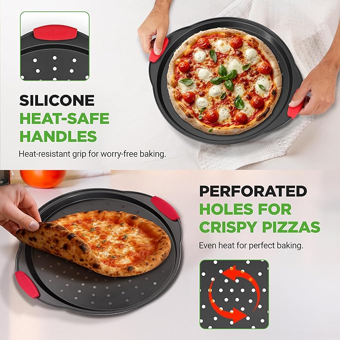 NutriChef 2-Piece 13-Inch Nonstick Pizza Tray, Round Carbon Steel Non-Stick Pizza Baking Pan with Perforated Holes, Premium Bakeware Pizza Screen with Silicone Grip Handles, Dishwasher Safe, NCBPIZX2