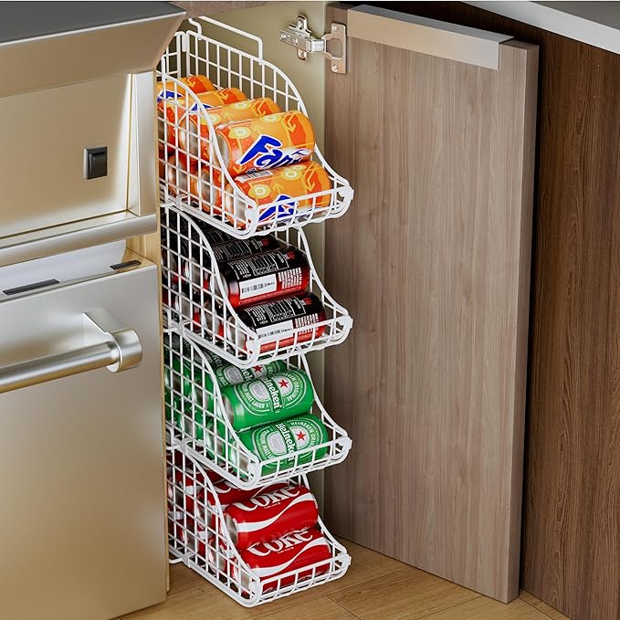 Can Storage Organizer Pantry, Stackable Kitchen Canned Food Holder With Handles, Can Organizer For Pantry Countertop Cabinet, Beverage Drink Pop Soda Can Dispenser Patent Pending (White, 4 Pack)