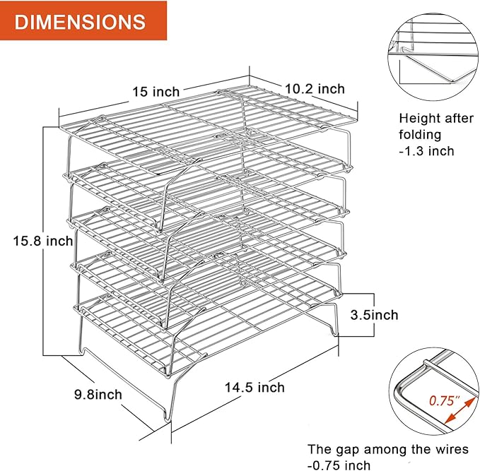 P&P CHEF Cooling Rack, 5-Tier Stainless Steel Stackable Baking Cooking Racks for Cooling Roasting Grilling, Collapsible & Heavy Duty, Oven Safe & Easy Clean, 15" x 10", Silver