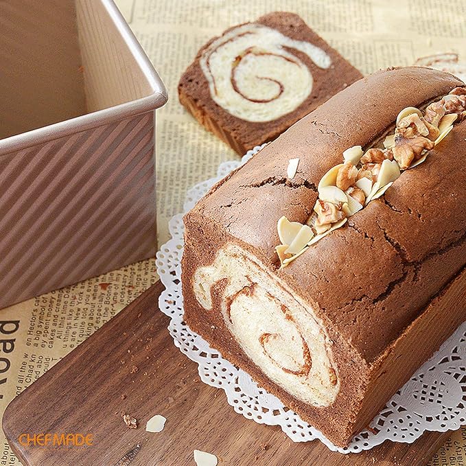 CHEFMADE Pullman Loaf Pan with Lid, 1Lb Dough Capacity Non-Stick Rectangle Corrugated Toast Box for Oven Baking 4.2" x 7.7"x 4.4"(Champagne Gold)