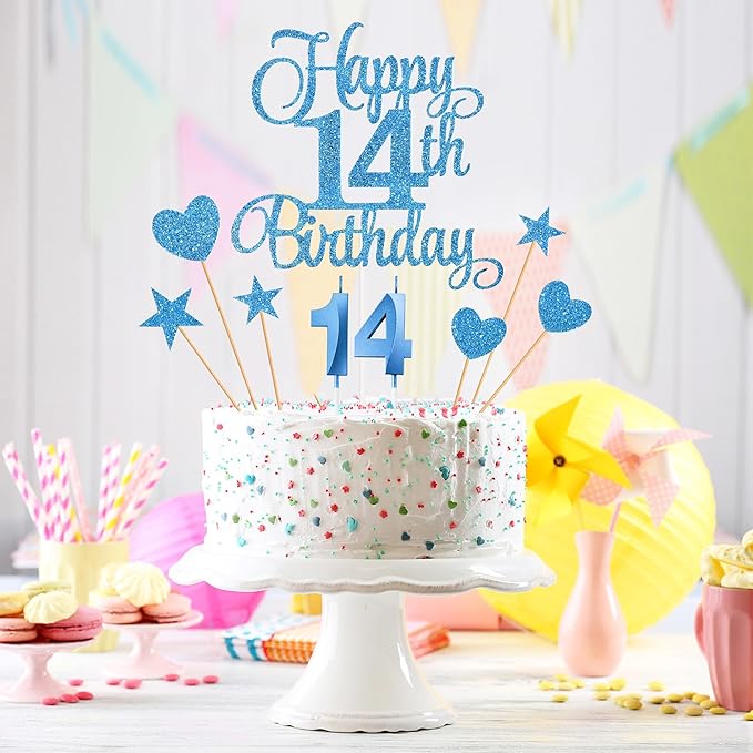 14th Birthday Cake Decorations, 14th Birthday Candles Cake Numeral Candles and Glitter Happy 14th Birthday Cake Toppers Set for Birthday Party Supplies (Blue)
