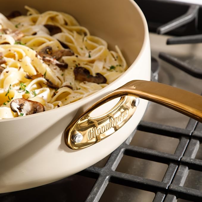 bloomhouse - Oprah's Favorite Things - 6 QT Heavy Duty Aluminum Premium PFA Free Ceramic Nonstick Saute/Deep Frying Pan Skillet with Lid - Almond Cream w/Gold Handle