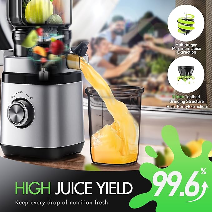 Juicer Machines, Cold Press Juicer with 4.41" Wide Feed Chute, 350W Slow Masticating Juicers for Whole Vegetables & Fruits, High Juice Yield, Easy to Clean, Large Auger, Silver
