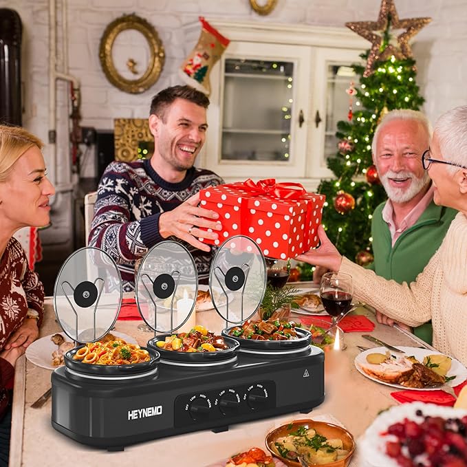 Triple Slow Cooker, 3 X 1.5QT Slow Cooker with 3 Cooking Settings, Buffet Servers and Warmers with Dishwasher-Safe Ceramic Pot, Glass Lid, Black