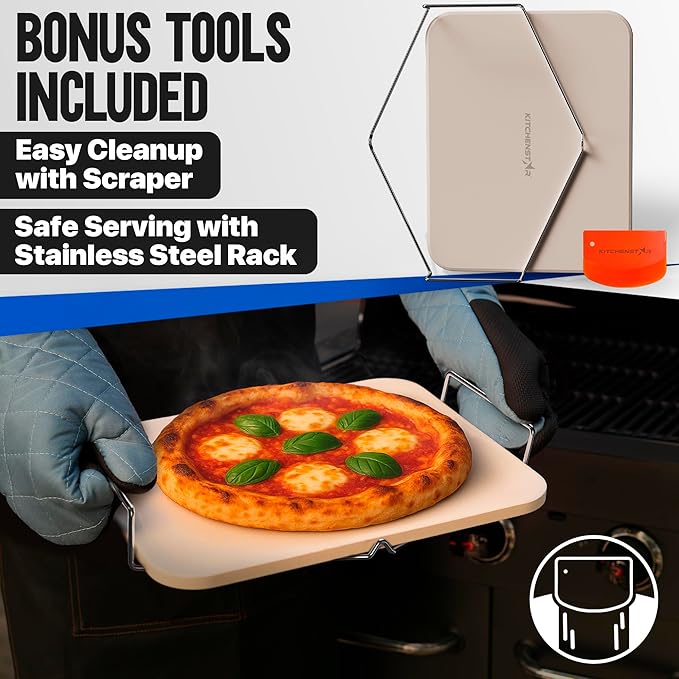 KitchenStar 15x12-inch Pizza Stone for Oven & BBQ Grill with Handles, Rectangular, 5/8" Thick - Natural Cordierite, 1800°F Resistant, Baking Stone Set with Stainless Steel Rack & Plastic Scraper Tool