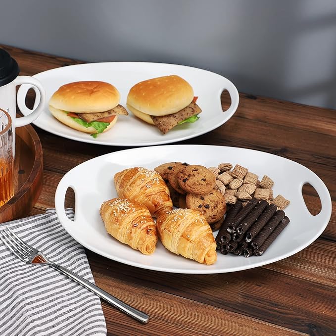 Porcelain Serving Platter with Handles, 14" serving dishes for entertaining, Oval Serving tray for Salad, Stew, Fruits and Pasta, Set of 2, White