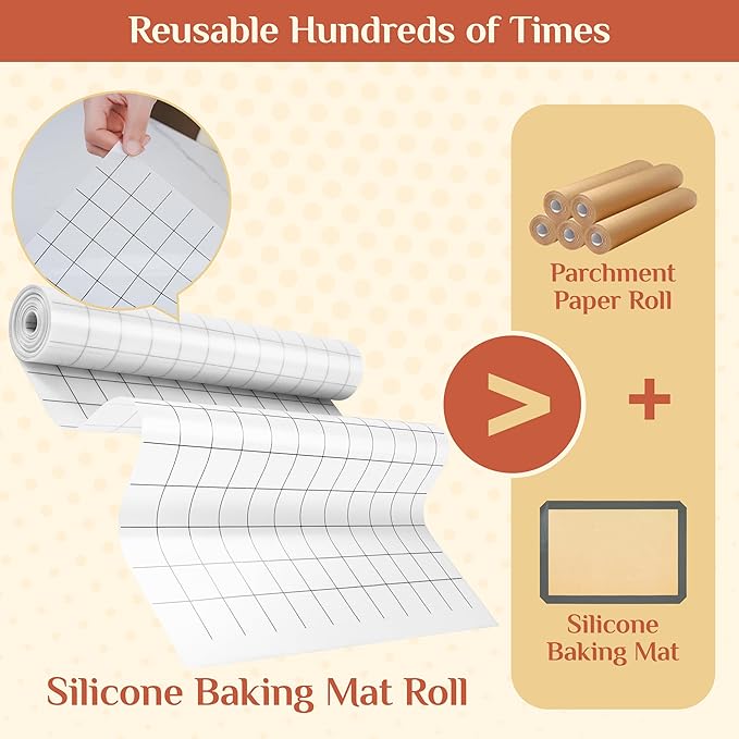 Silicone Baking Mat, 12 IN x 10 FT Free Cutting Baking Sheet,Non-Stick Reusable Dough & Pastry Mat,Non-Slip Silicone Mat Roll for Air Fryer Liner,Freeze Dryer,Oven Baking Pan,Kitchen Counter