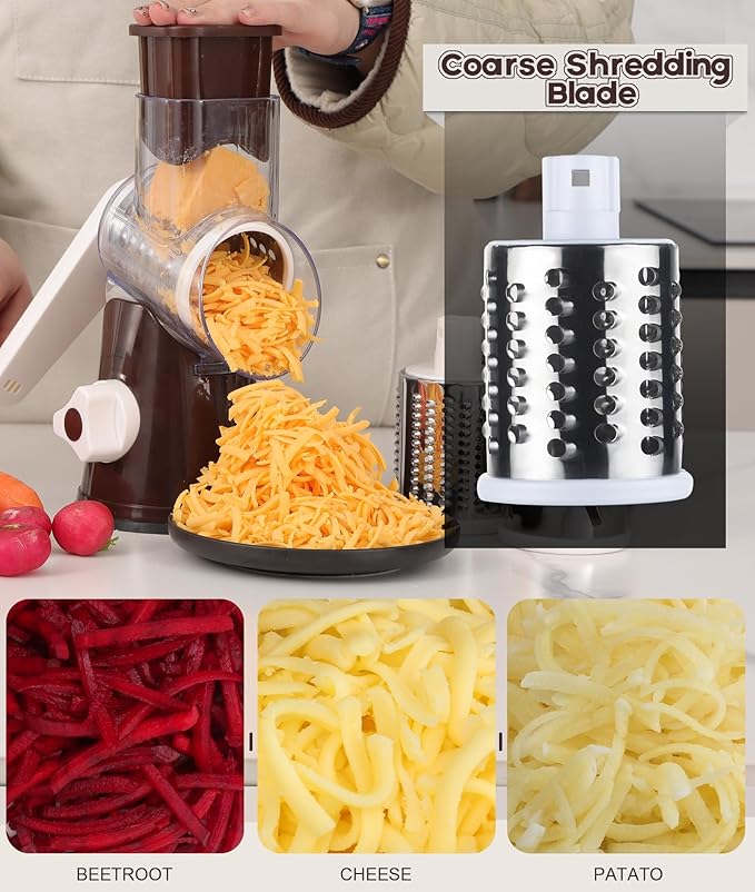 Ourokhome Rotary Cheese Grater Hand Crank, Kitchen Shredder Speed Mandolin Slicer Nut Grinder with Handle and Drum Blades for Cheese, Vegetable, Walnuts, Chocolate, Potato, Carrot,3 Blades, Coffee