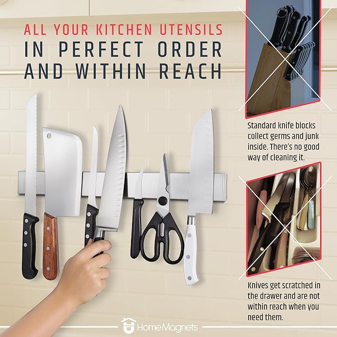 HMmagnets Premium 17 Inch Stainless Steel Magnetic Knife Holder For Wall - Professional Magnetic Knife Strip - Space-Saving Knife Rack/Knife Bar With Powerful Magnetic Pull Force (Upgraded Version)