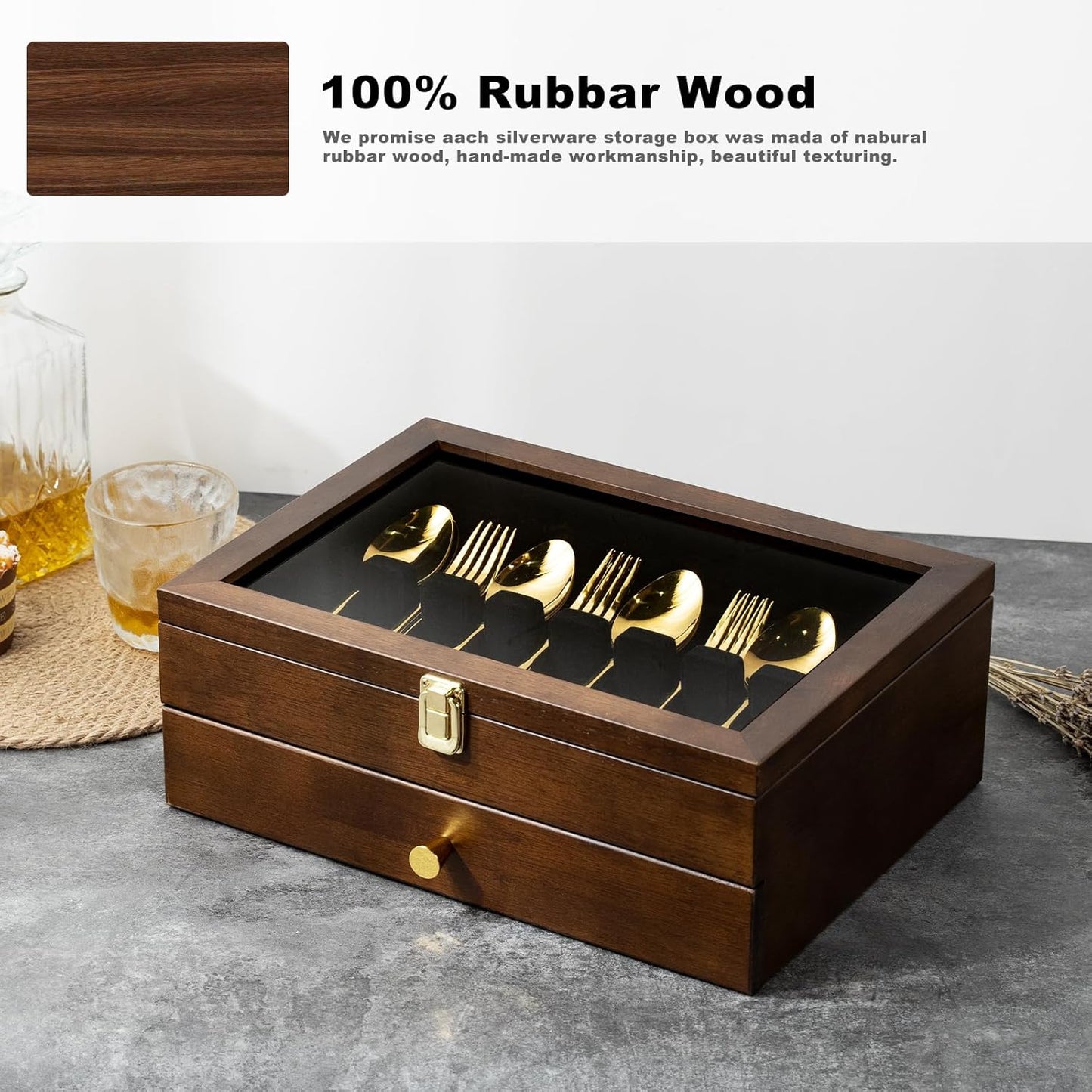 Silverware Box, 2-Layer Wooden Silverware Storage Box with Glass Lid, 14.5×10.6 Inches Luxury Style Decor Flatware Storage Case for Fine Flatware & Utensils, Gift Idea (Walnut)