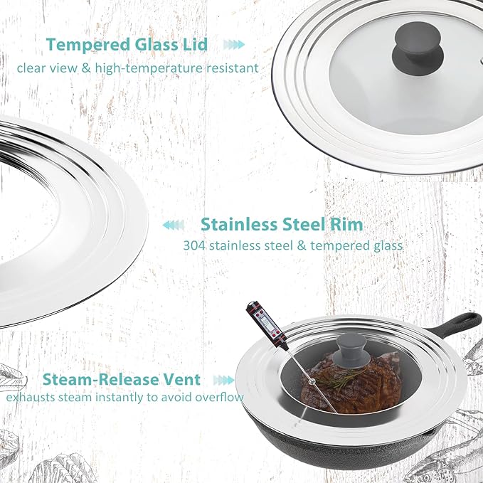 Universal Lid for Pots Pans and Skillets - One Lid Fits All 8.25-12 Inch Pots Frying Pans Skillets Woks, Replacement Pot Lid with Upgraded Heavy Duty Heat Resistant Silicone Handle, Gray