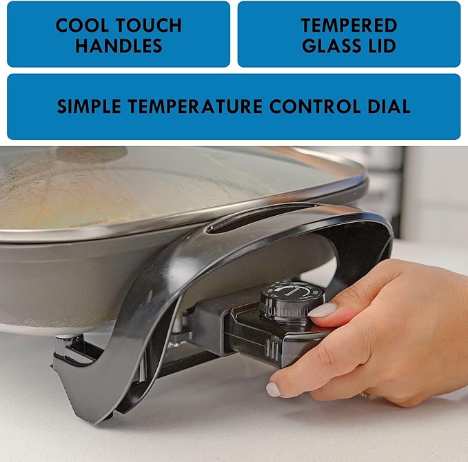 Kenmore Electric Skillet - Nonstick Frying Pan With Removable Glass Lid, Grill, Saute, Roast Chicken, Cook Pancake, 12x12" Temperature Control Easy Clean Countertop Kitchen Appliance