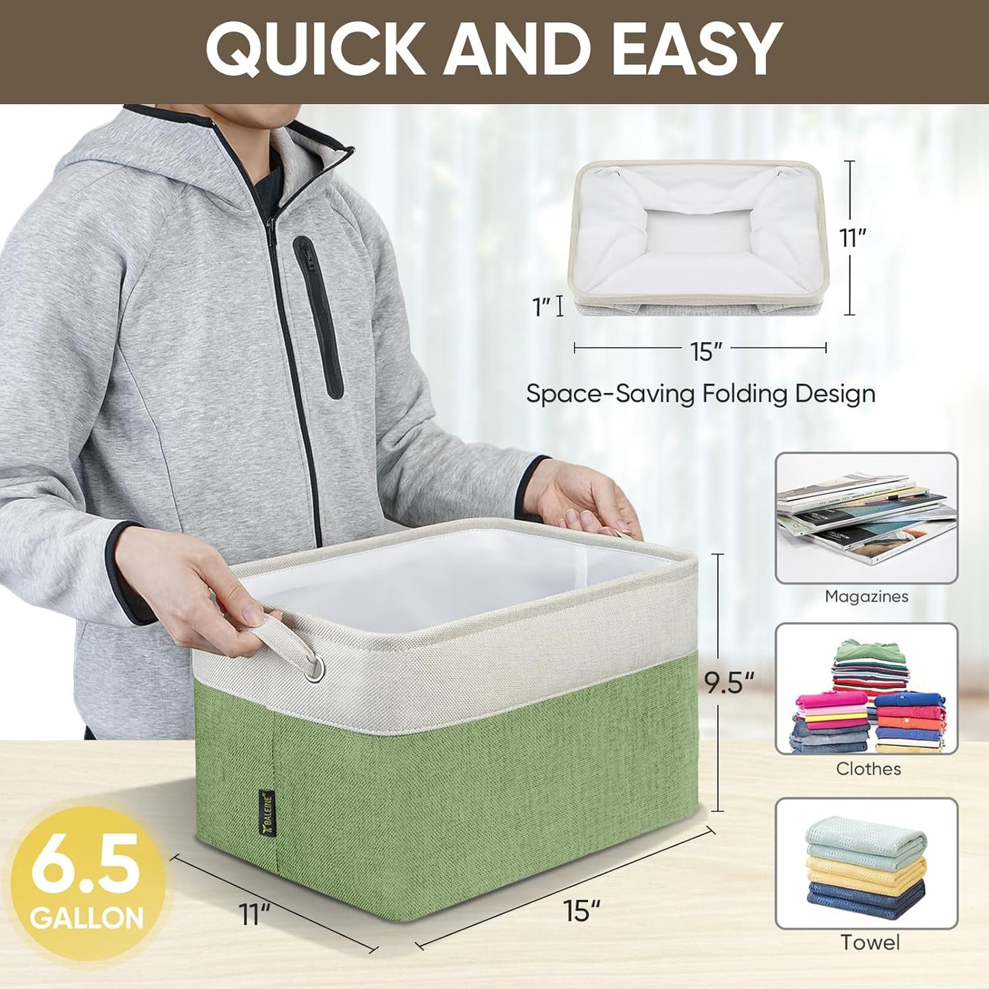 BALEINE 4 Pack Fabric Storage Bins for Shelves, Linen Storage Baskets for Organizing, Decorative Closet Bins for Clothes, Home (Green, 15''x11''x9.5'')