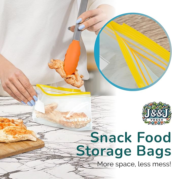 J&&J Fresh Storage Snack Bags, 50 Pack — Reusable Snack Bags, BPA-Free, Leakproof — Expandable Bottom, Microwave-Safe, Strong Zipper Lock Seal — Snack Bag for Freezer & Fridge — Durable & Washable