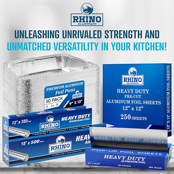Rhino Aluminum Heavy Duty Aluminum Foil - 18 x 525 sf Roll, 25 Microns Thick - Commercial Grade & Extra Thick, Strong Enough for Food Service Industry (Pack of 1)