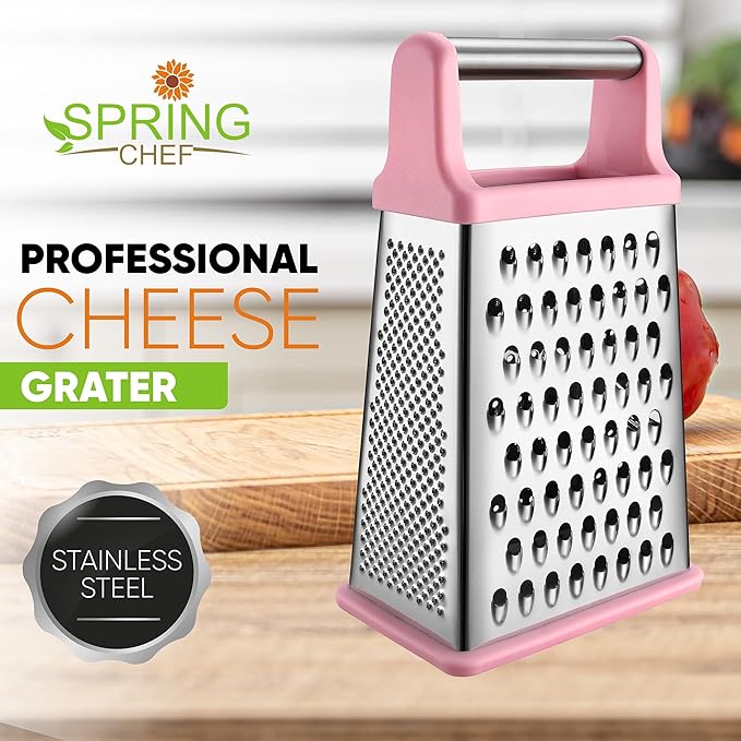 Spring Chef Professional Stainless Steel XL Parmesan Cheese Grater with Handle - 4 Sided Box Grater for Kitchen - Dishwasher Safe Carrot Shredder for Potato, Vegetables, Ginger - Pink Lemonade