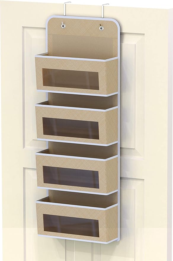 Simple Houseware 4 Clear Window Pocket Over Closet Door Storage Hanging Organizer for Bedroom, Bathroom, Pantry, Beige