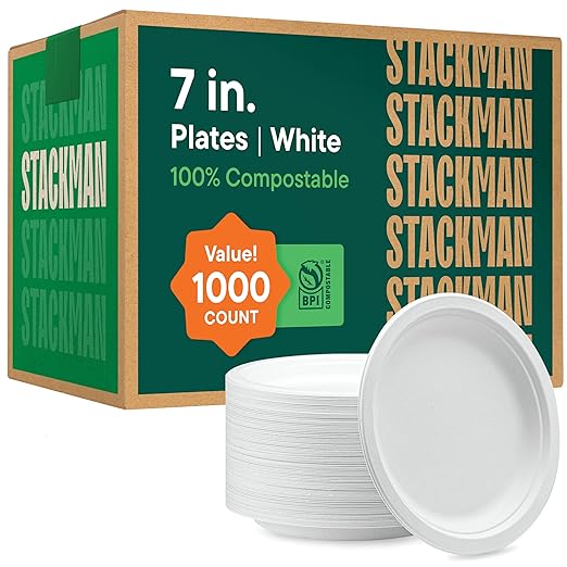 100% Compostable Paper Plates 7 Inch [1000 Count] Heavy-Duty Dessert Plates - Natural White Color Unbleached Bagasse - Eco-Friendly Disposable Biodegradable Sugarcane Plates - [Bulk Case 8/125 Pack]