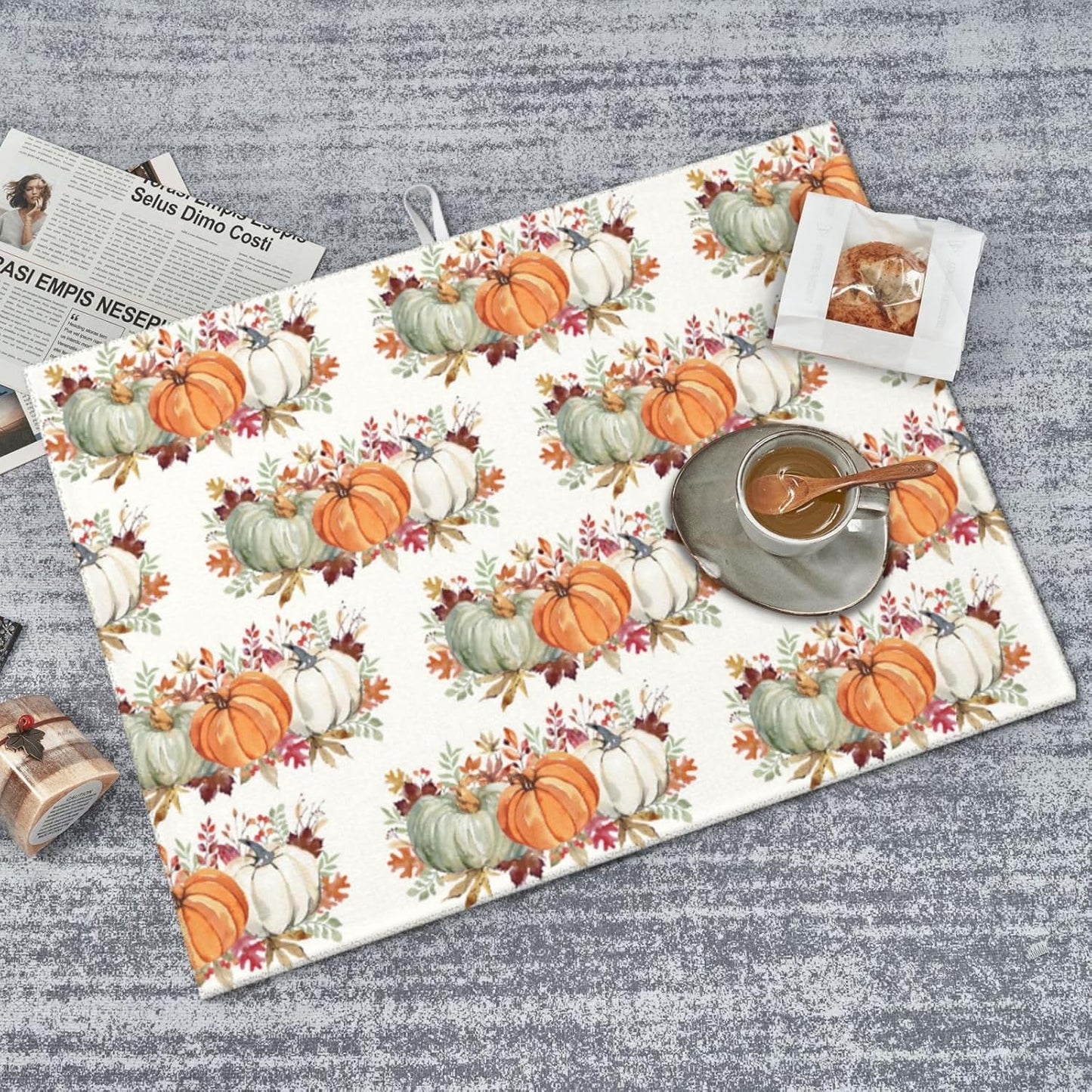 Fall Dish Drying Mat 18x24 for Kitchen Counter, Watercolor Pumpkin Leaf Decorative Absorbent Coffee Mat Dish Drying Pad Coffee Bar Dish Drainer Rack Mat Drainer Mat