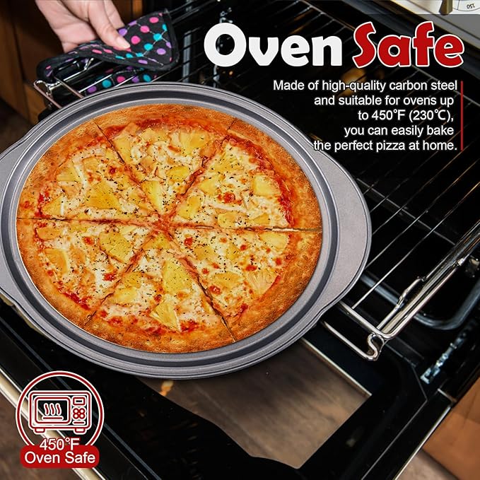 Unokit Pizza Pan for Oven - 13" 2PCS Round Carbon Steel Pizza Pan, Non-Stick Pizza Tray with Perforated Holes and Grip Handles, Dishwasher Safe, Grey