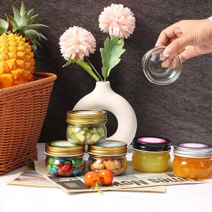 4 oz Mason Jars With Gold Lids, 24 Pack Regular Mouth Canning Jars for Jam, Honey, Yogurt, Spices, Snacks, DIY Projects, Wedding Favors- Includes 30 Stickers