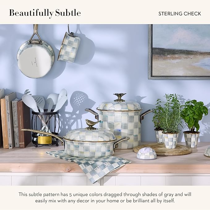 MACKENZIE-CHILDS Kitchen Pasta Spoon, Silicone Spaghetti Spoon, Gray-and-White Sterling Check