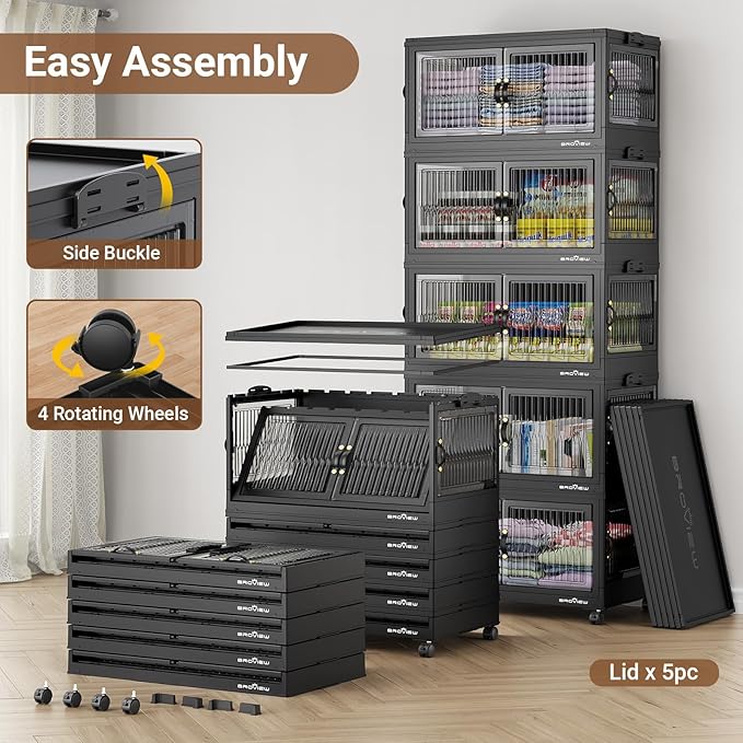 120QT Large Stackable Storage Bins with Lids, Plastic Closet Organizer and Storage Drawer, Collapsible Storage Box with Wheels, Folding Storage Cabinet with Doors for Home Kitchen, 1Pack Black