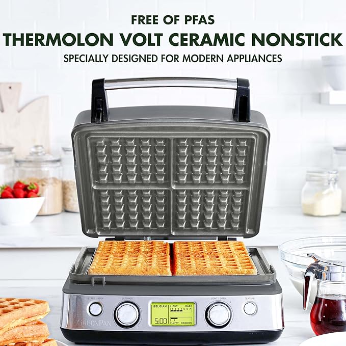 GreenPan Elite 4-Square Belgian & Classic Waffle Maker,Healthy Ceramic Nonstick Dishwasher Safe Plate, Adjustable Shade/Crunch Control, Wont Overflow, Easy Clean, Breakfast,PFAS-Free,Graphite