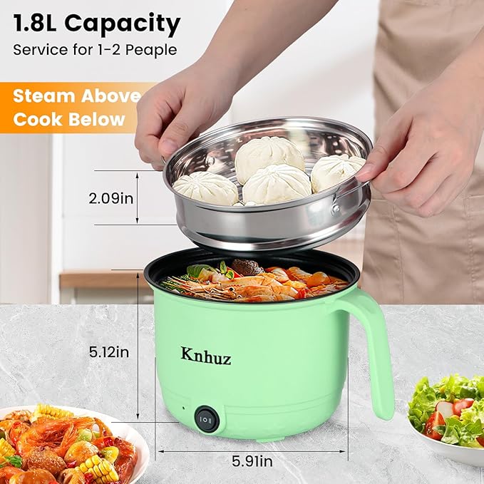 Hot Pot Electric With Steamer,Rapid Ramen Cooker,1.8L Mini Portable Self Heating Electric Pot For Cooking Noodles Oatmeal Pasta,Shabu Shabu Hotpot Pot Electric Dorm Lazy Pot,Non-Stick Green