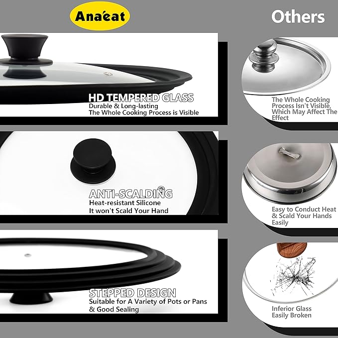 Anaeat Silicone Universal Lid for Pots, Pans and Skillets - Tempered Glass Covered with Heat Resistant Silicone Rim Fits All 6" to 11" Diameter Cookware -Easy to Use Replacement Frying Pan Cover