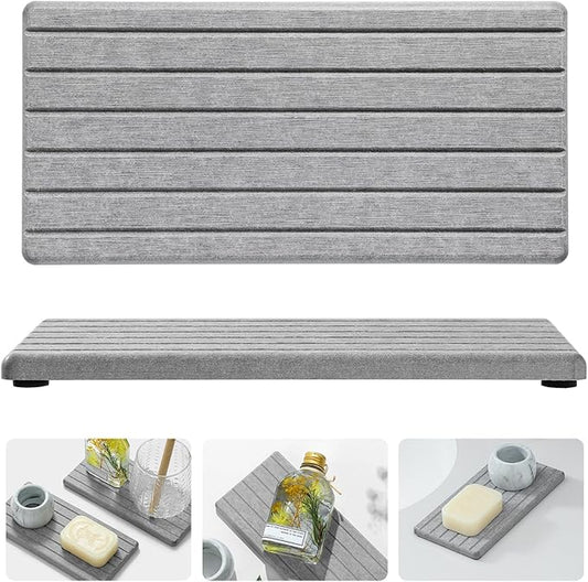 2PCS Instant Dry Diatomite Stone Counter Makeup Tray Organizer, Fast Drying Caddy Kitchen Sponge Holder Mat, Bathroom Vanity Toothbrush Bottle Dispenser Soap Dish Rack, Light Gray, 8"x 3.8"