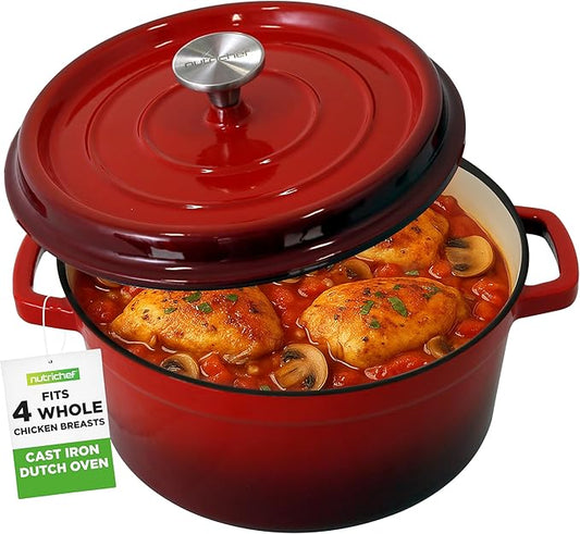 NutriChef Enameled Cast Iron Dutch Oven-5-Quart Kitchen Round Dutch Oven Stovetop Casserole Cookware, Porcelain Enamel Coated Cast-Iron Baking Pots w/ Self Basting Lid-NCCIEC45(Red),Medium